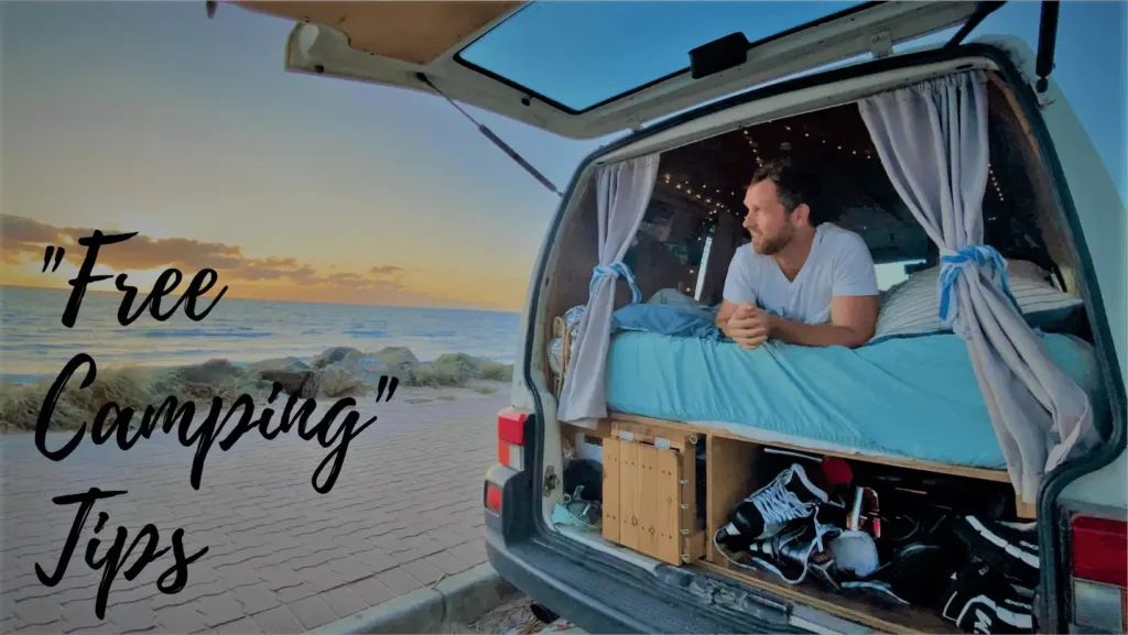 Man camping in Rv , self sufficient on beach side written free camping tips