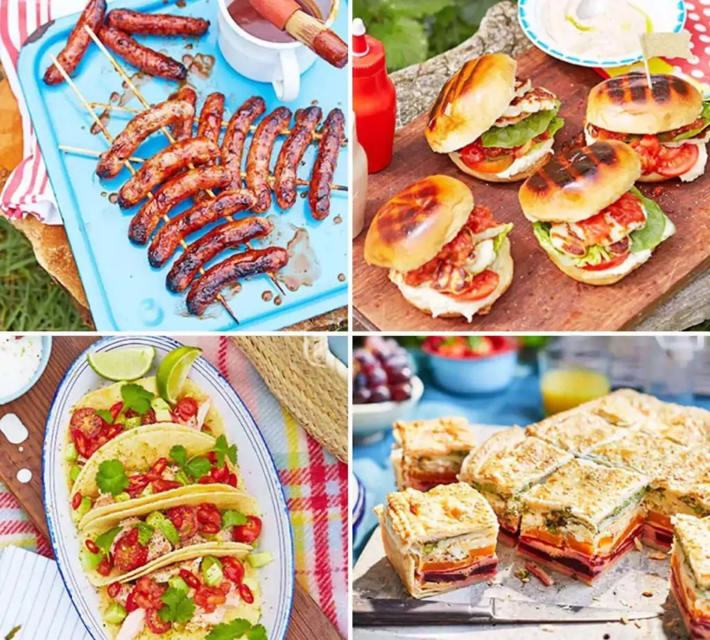 Camping food ideas for lunch on a table with grilles sausages, burgers, tacos and sandwiches.